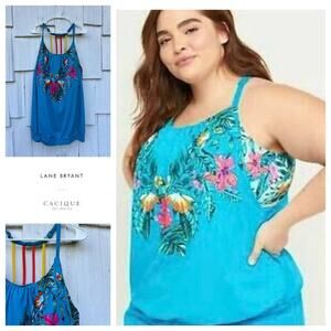 Swim by Cacique Blue Tropical Print Tankini Top Lightly Lined No Wire‎ Size 28